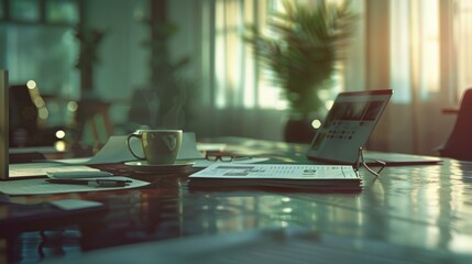 A laptop is on a table with a cup of coffee and a stack of papers