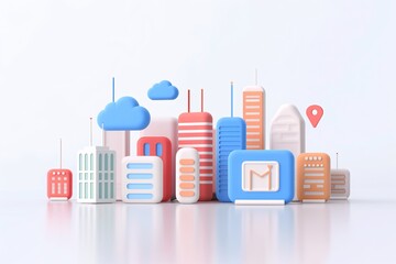 Fototapeta premium 3D illustration of modern cityscape with digital elements like clouds, pins, and icons. Concept of technology, connectivity, and urban living.