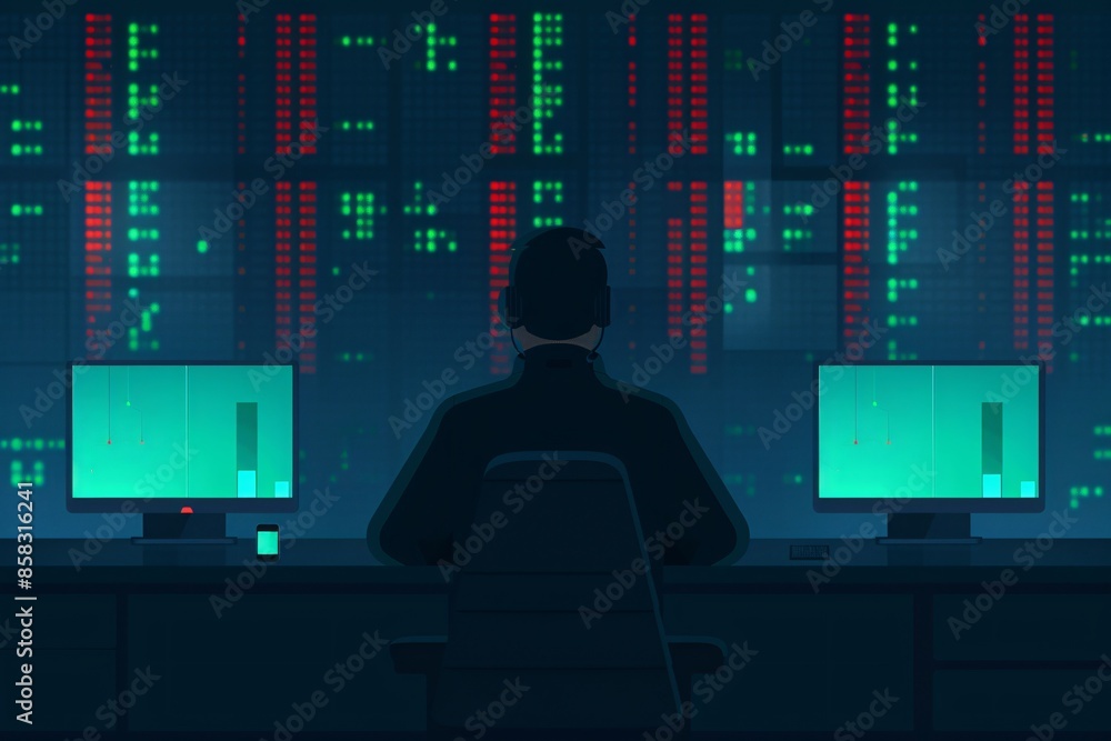 Poster a person analyzing data on multiple monitors in a dark room, with a large screen displaying stock ma