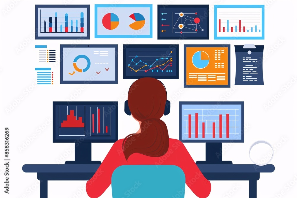 Poster a person analyzing data on multiple screens, showcasing trends and statistics in a modern office set