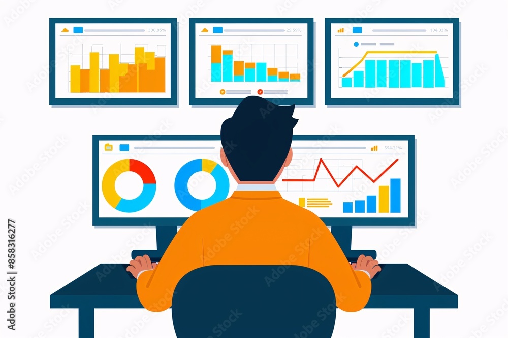 Poster a person analyzing data on multiple screens displaying various charts and graphs for financial and b