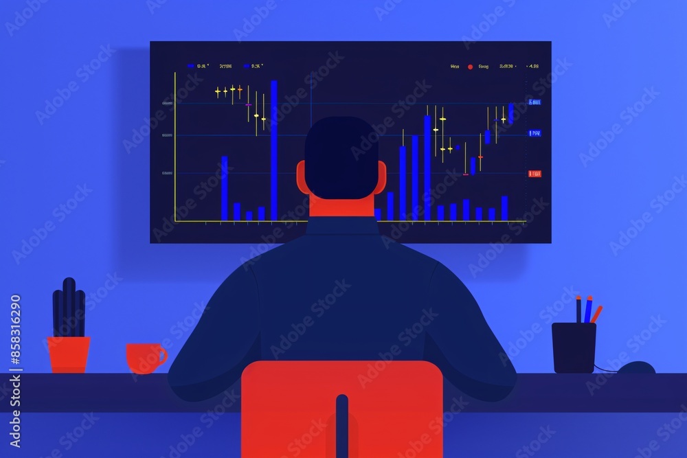 Poster a person analyzing financial charts on a computer screen in a modern workspace, illustrating data an