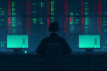 A person analyzing data on multiple monitors in a dark room, with a large screen displaying stock market trends and financial charts.