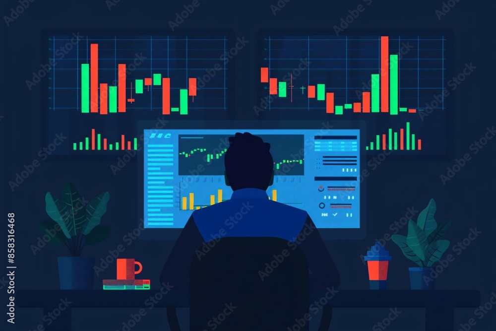 Poster a trader analyzing financial data on multiple screens in a dark office setting with charts, graphs, 