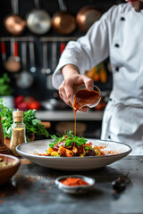 Chef pouring sauce over a plated dish in a professional kitchen..