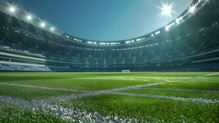 A soccer field with a bright green grass and a few lights in the background. Football stadium arena...