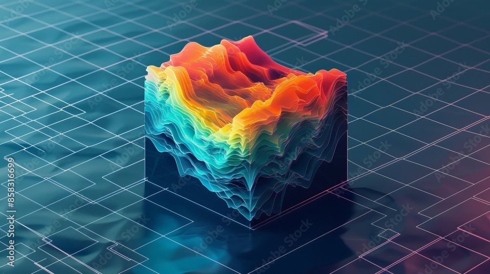 Poster vibrant 3d data visualization depicting terrain elevation, featuring colorful gradient map. this mod