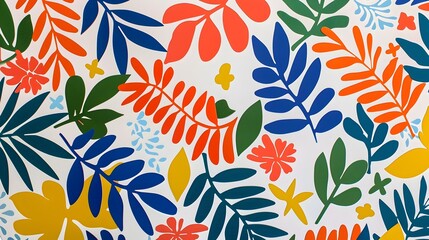 Colorful Tropical Foliage Pattern with Vibrant Leaves and Botanical Elements