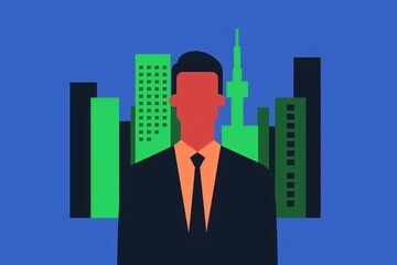 Abstract illustration of a businessman in a suit with a cityscape background, showcasing modern urban business environment.