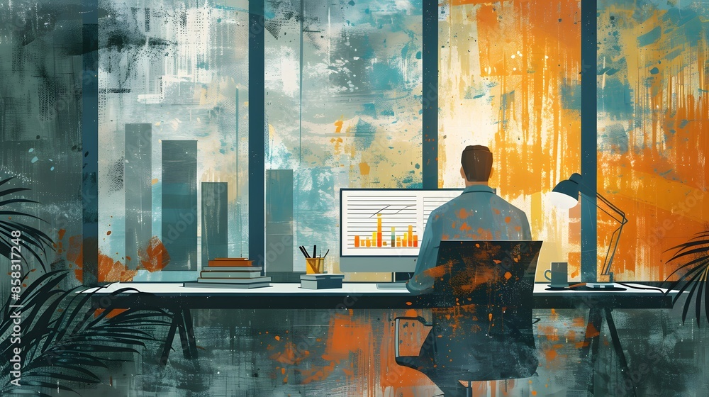 Poster abstract illustration of a person working on a computer in a modern office with cityscape view throu