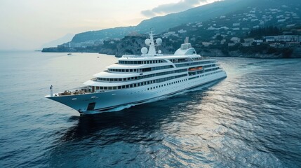 A luxury cruise ship with a private art collection, in elegant, sophisticated design, cruising through the scenic waters of the Mediterranean, highlighting cultural enrichment and luxury. 