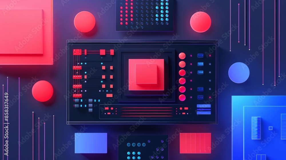 Poster abstract representation of modern technology and innovation, showcasing colorful circuit boards and 