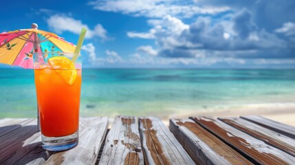 Obraz premium A tropical drink with a colorful umbrella on a wooden table at the beach, with the ocean in the background and plenty of space for text full body on white background