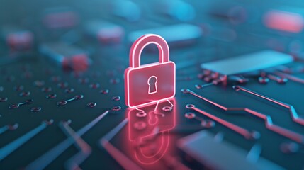 Abstract representation of cybersecurity. A glowing digital padlock on an electronic circuit board symbolizes data protection and high tech security.
