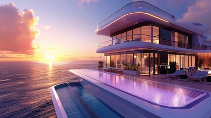A modern cruise ship featuring an open-air rooftop pool, showcasing sleek, contemporary design in a setting of a sunset over the Caribbean, emphasizing relaxation and luxury. 