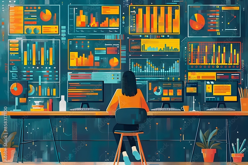 Poster analyst working with data on multiple screens, depicting financial graphs and charts. modern office 