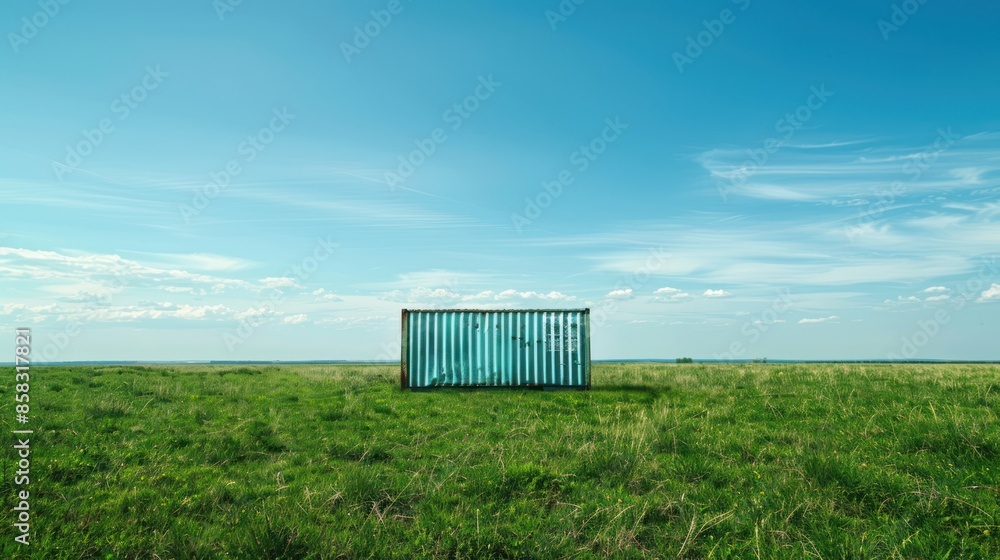 Poster a container placed on a grassy field with an expansive horizon, providing a natural background with 