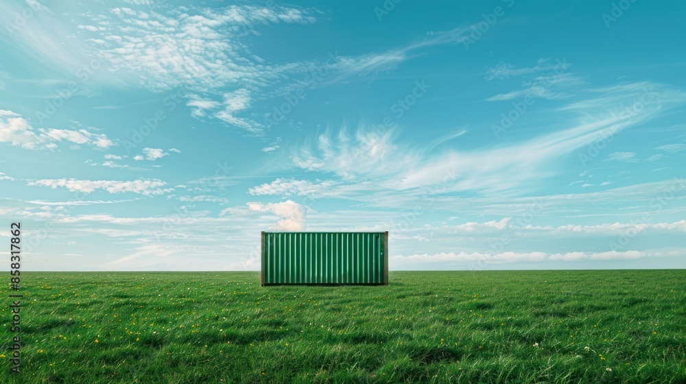 Poster a container placed on a grassy field with an expansive horizon, providing a natural background with 