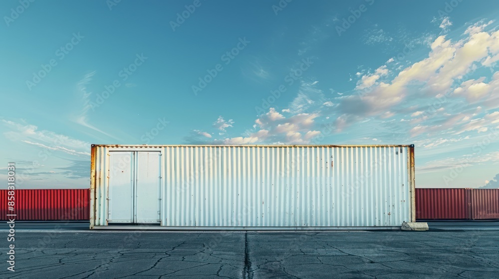 Poster a creatively composed image of a container in a modern urban setting, with blank walls and ground sp