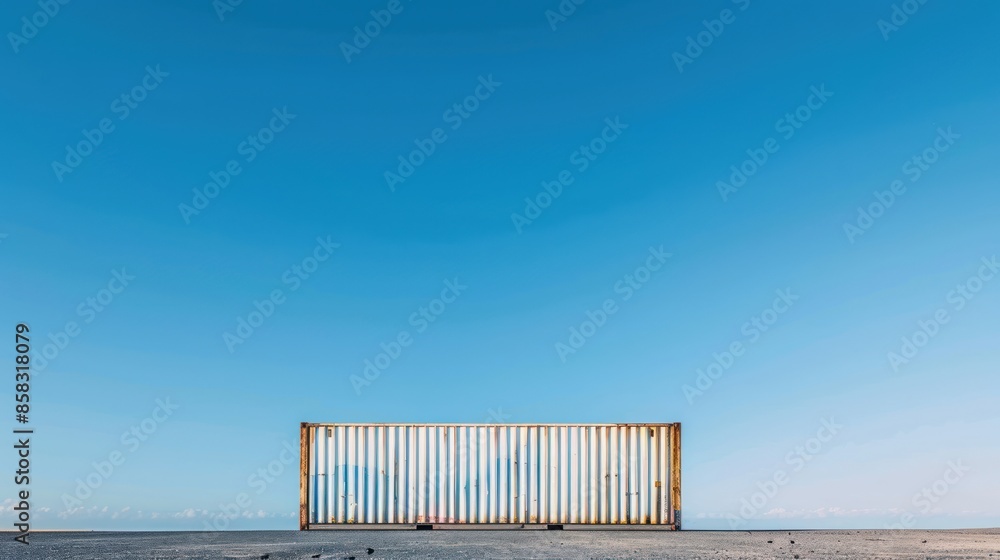 Poster a single container against a clear, blue sky background with open space around it for adding promoti
