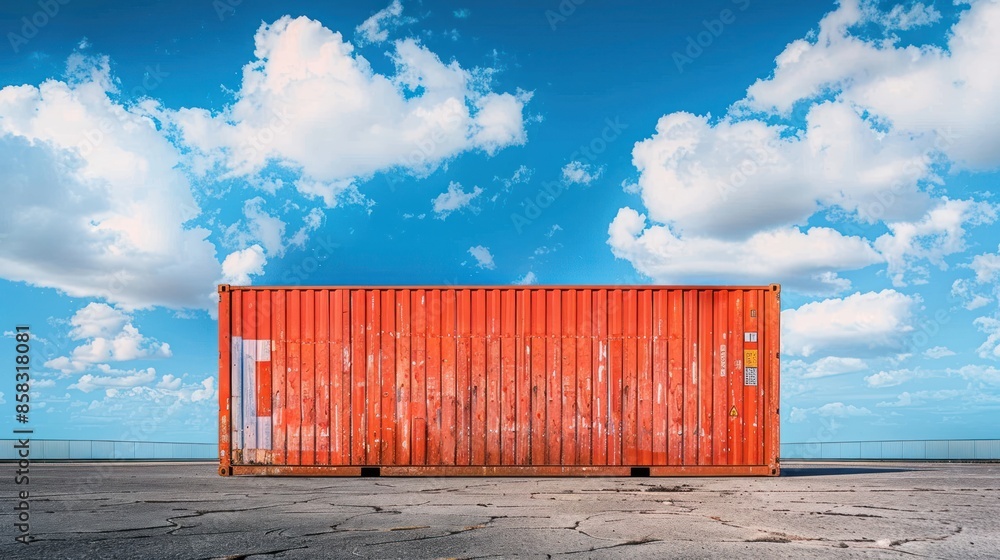 Poster a single container against a clear, blue sky background with open space around it for adding promoti
