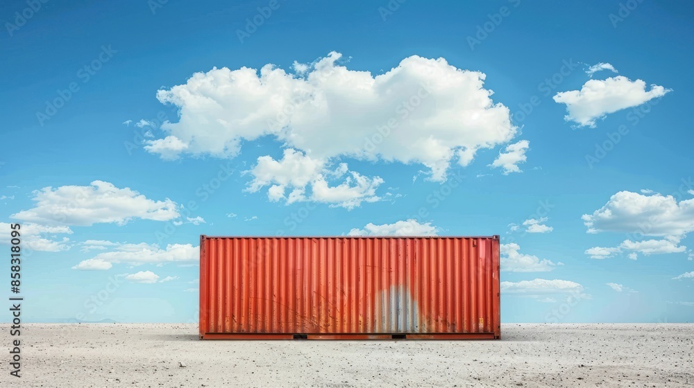 Poster a single container against a clear, blue sky background with open space around it for adding promoti