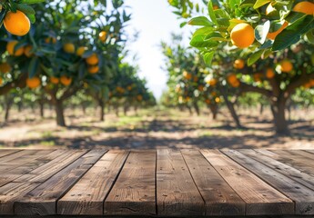 Wooden Tabletop with Blurred Orange Orchard Background