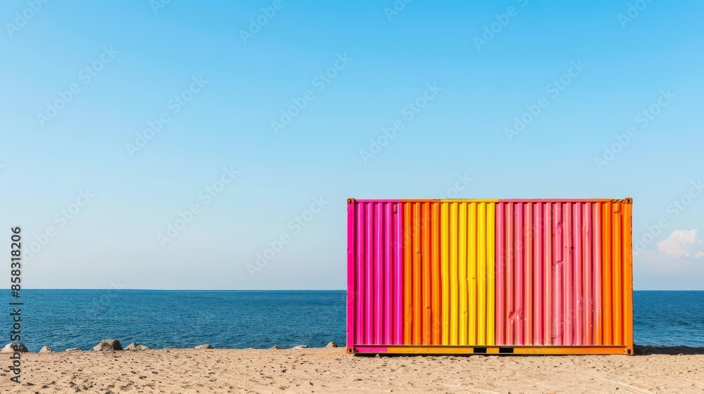 Poster a brightly colored container positioned on an empty beach, offering a unique background with plenty 