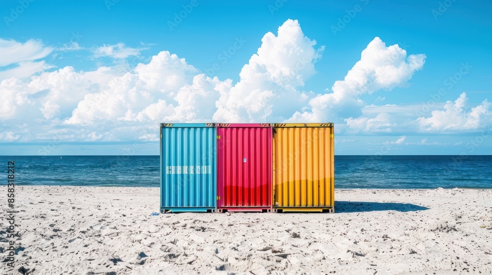 Poster a brightly colored container positioned on an empty beach, offering a unique background with plenty 