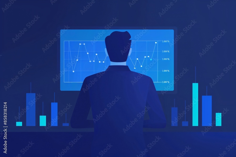 Poster businessman analyzing financial data on a computer screen with various charts and graphs in a blue-t