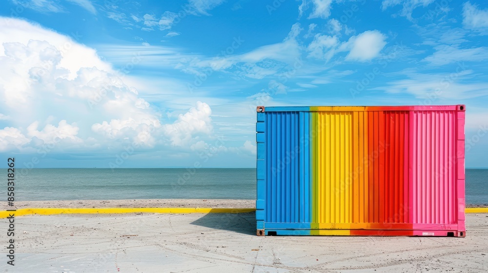 Poster a brightly colored container positioned on an empty beach, offering a unique background with plenty 