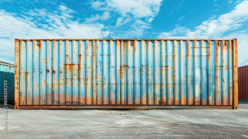Poster a shipping container placed in an industrial area with a clear, empty background for ample copy spac