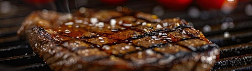 Close-up shot of a juicy grilled steak with grill marks and cherry tomatoes in the background, perfect for barbecue or cooking themes.