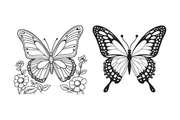 Butterflies and flowers Black sketches. Vector illustration, butterfly silhouette