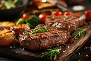 Grilled steaks with rosemary, roasted potatoes, and vegetables served on a rustic wooden table. A delicious meal for gourmet food lovers.