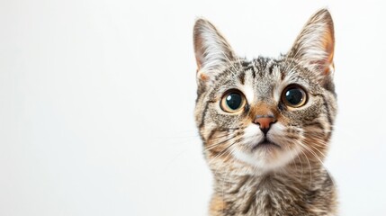 Surprised skeptical cat with big close up eyes making a funny face and looking away with space for text