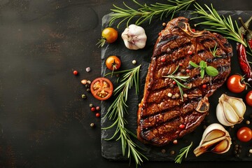 Grilled steak with fresh herbs and vegetables on dark stone background. Top view of juicy beef steak garnished with rosemary, garlic, and tomatoes.