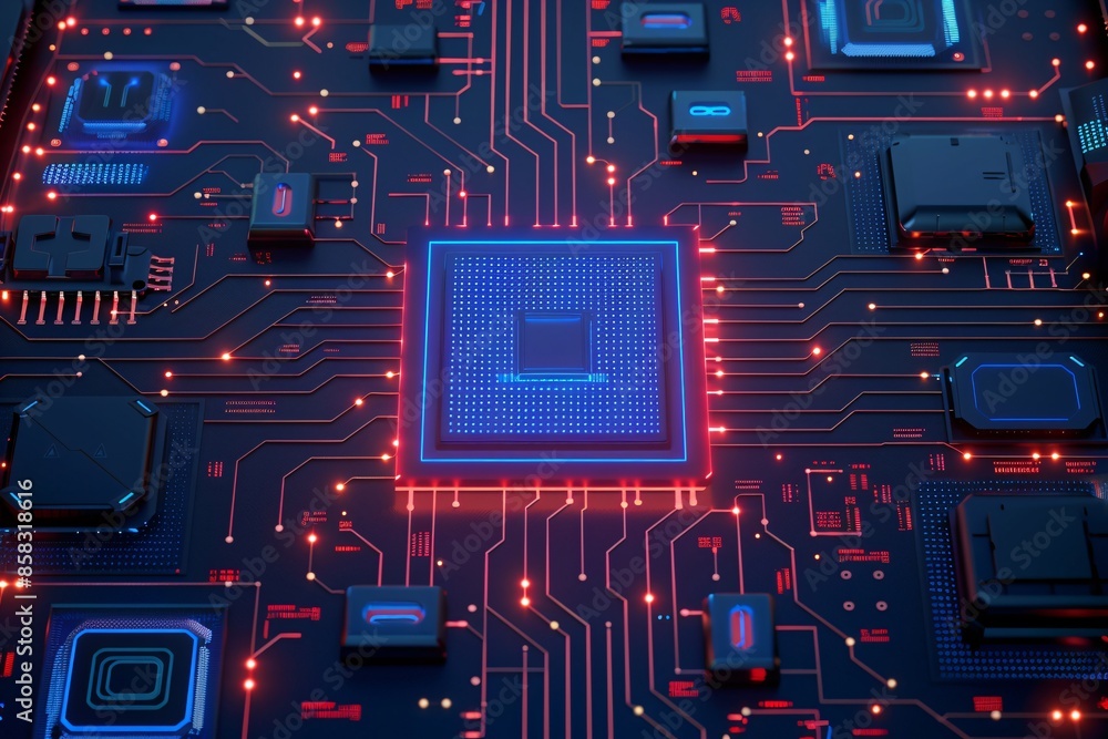 Poster close-up of a glowing microchip on a circuit board, highlighting advanced technology in electronics 