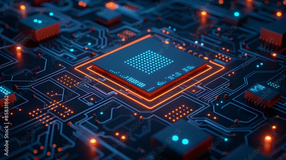 Poster close-up of a glowing microchip on a circuit board, showcasing advanced technology and intricate des