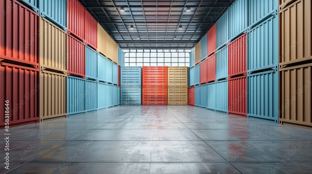 Poster a stack of containers in a minimalist warehouse setting with empty space on the floor and walls for 