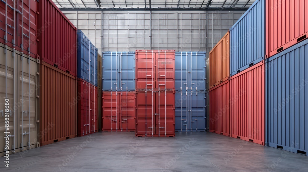 Poster a stack of containers in a minimalist warehouse setting with empty space on the floor and walls for 