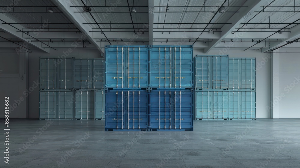 Poster a stack of containers in a minimalist warehouse setting with empty space on the floor and walls for 