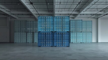 A stack of containers in a minimalist warehouse setting with empty space on the floor and walls for promotional messages