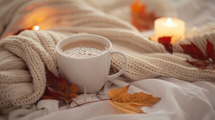 Autumn or winter cozy vibe with a cup of tea and white sweater on the bed