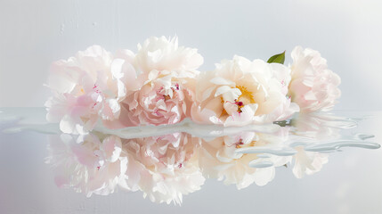 Close-up of expensive peonies—white and soft pink—on a mirror with scattered water drops, capturing their luxurious, fresh look in a minimalist setting.

