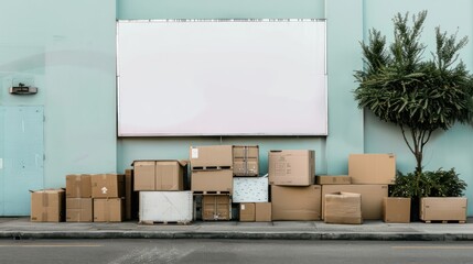 A stack of brown boxes and containers in front of a large blank billboard or wall, providing ample copy space for advertising text