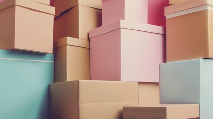 A close-up of a stack of brown boxes and containers against a pastel-colored backdrop, highlighting the copy space for marketing purposes