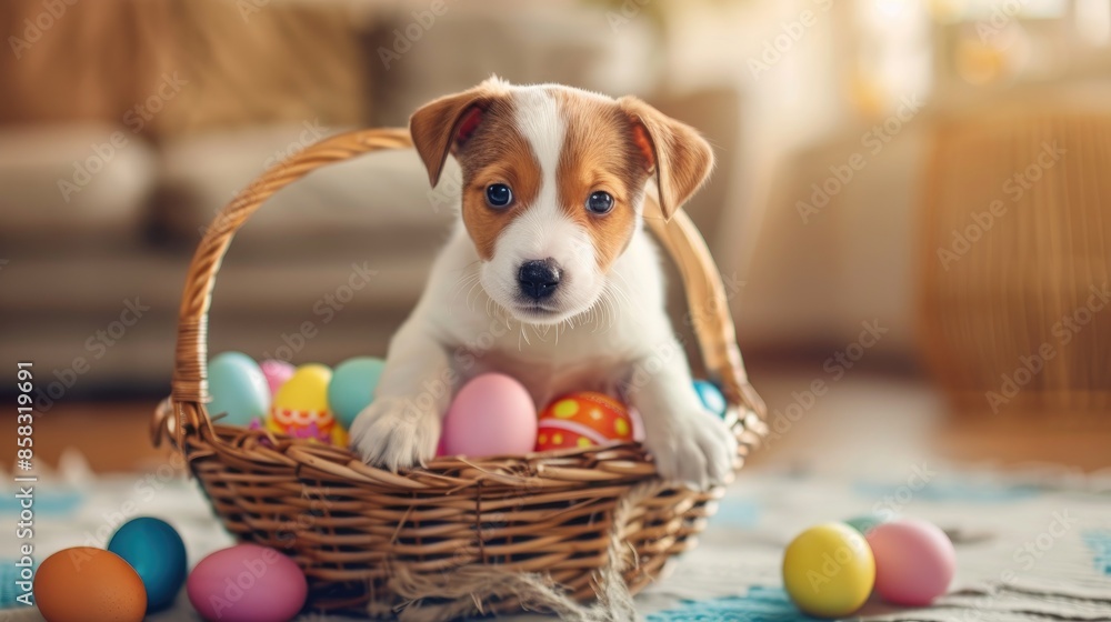 Poster Adorable puppy with Easter eggs in a basket indoors for a celebration with loved ones and colleagues Pet care concept