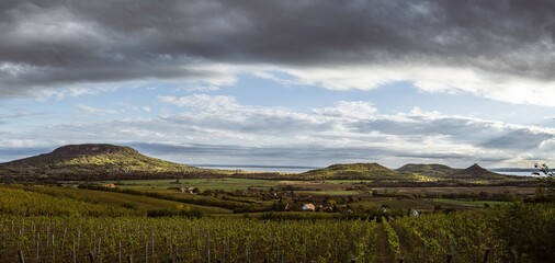 Panoramic view of the Badacsony and Szigliget mountains on Balatonfelvidék area of Hungary with vineyards wine region of Balaton