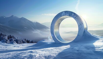 Snowy landscape with circular structure, distant mountains, soft sunlight, minimalist style